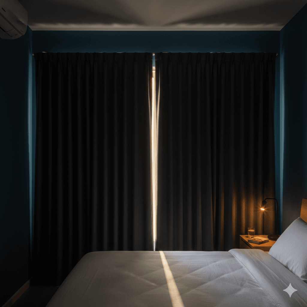 Dark bedroom with blackout curtains creating complete darkness for optimal sleep