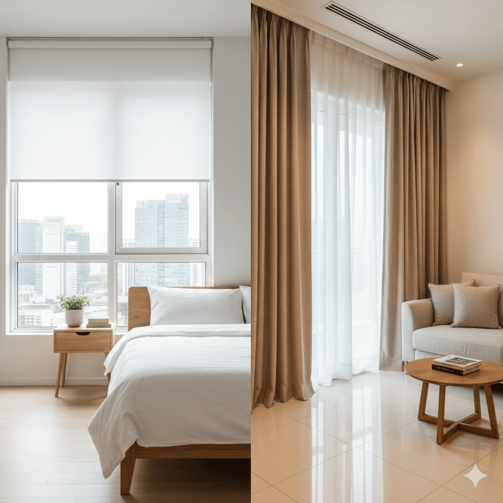 Side-by-side comparison of roller blinds and curtains in a Singapore home interior