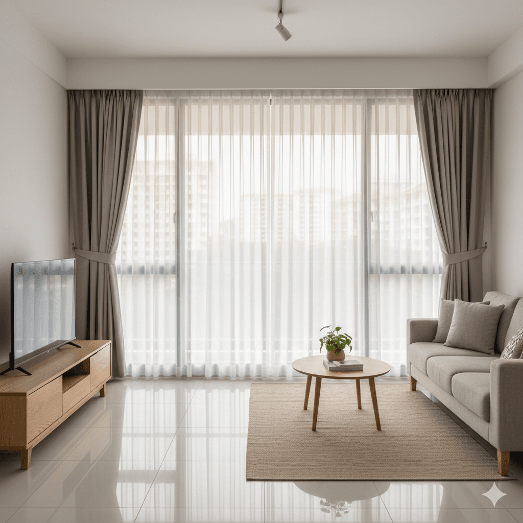 Modern HDB living room with elegant curtains filtering natural light