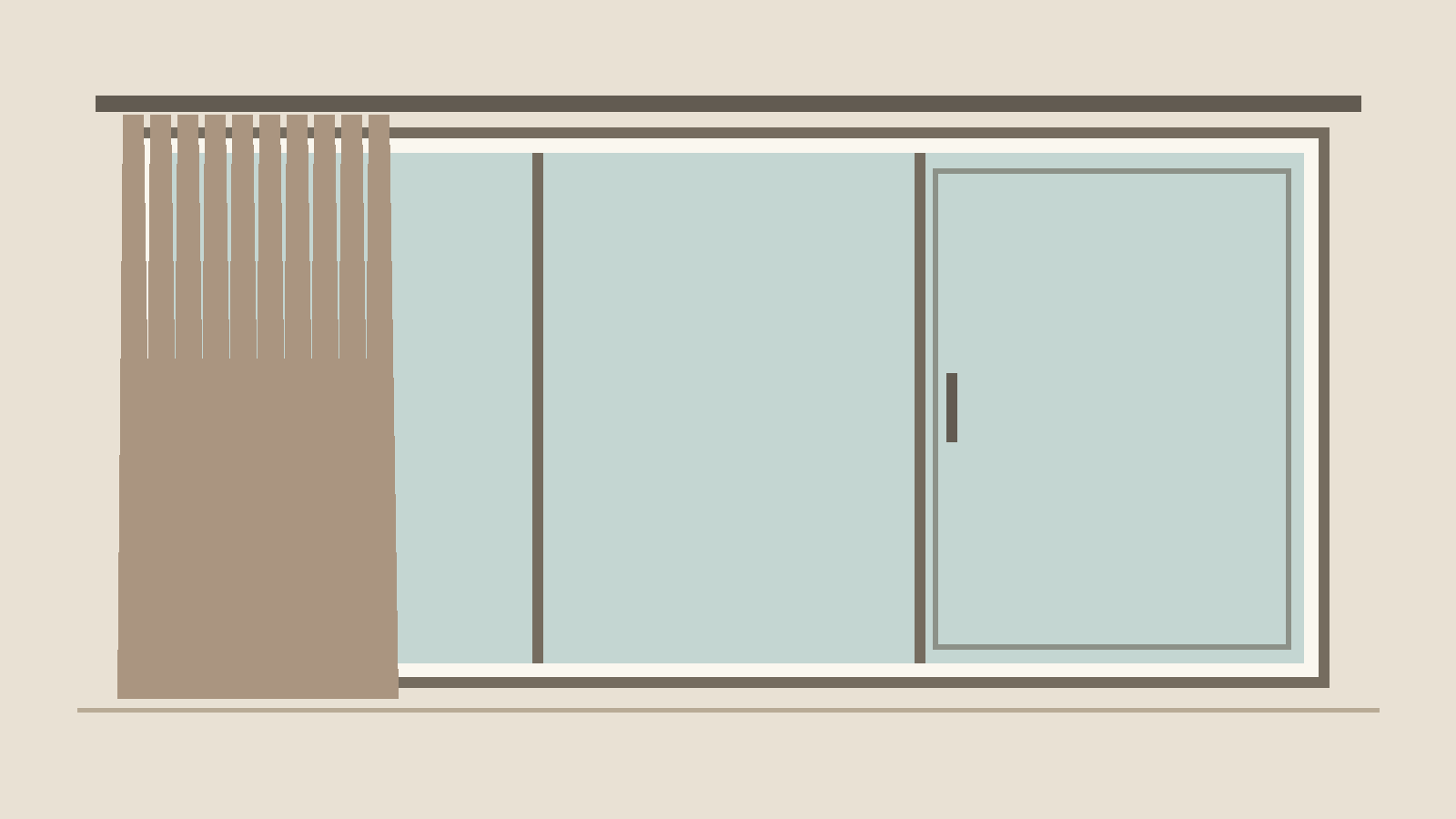 Schematic illustration of curtains gathered to the left of sliding-door glazing; not to scale