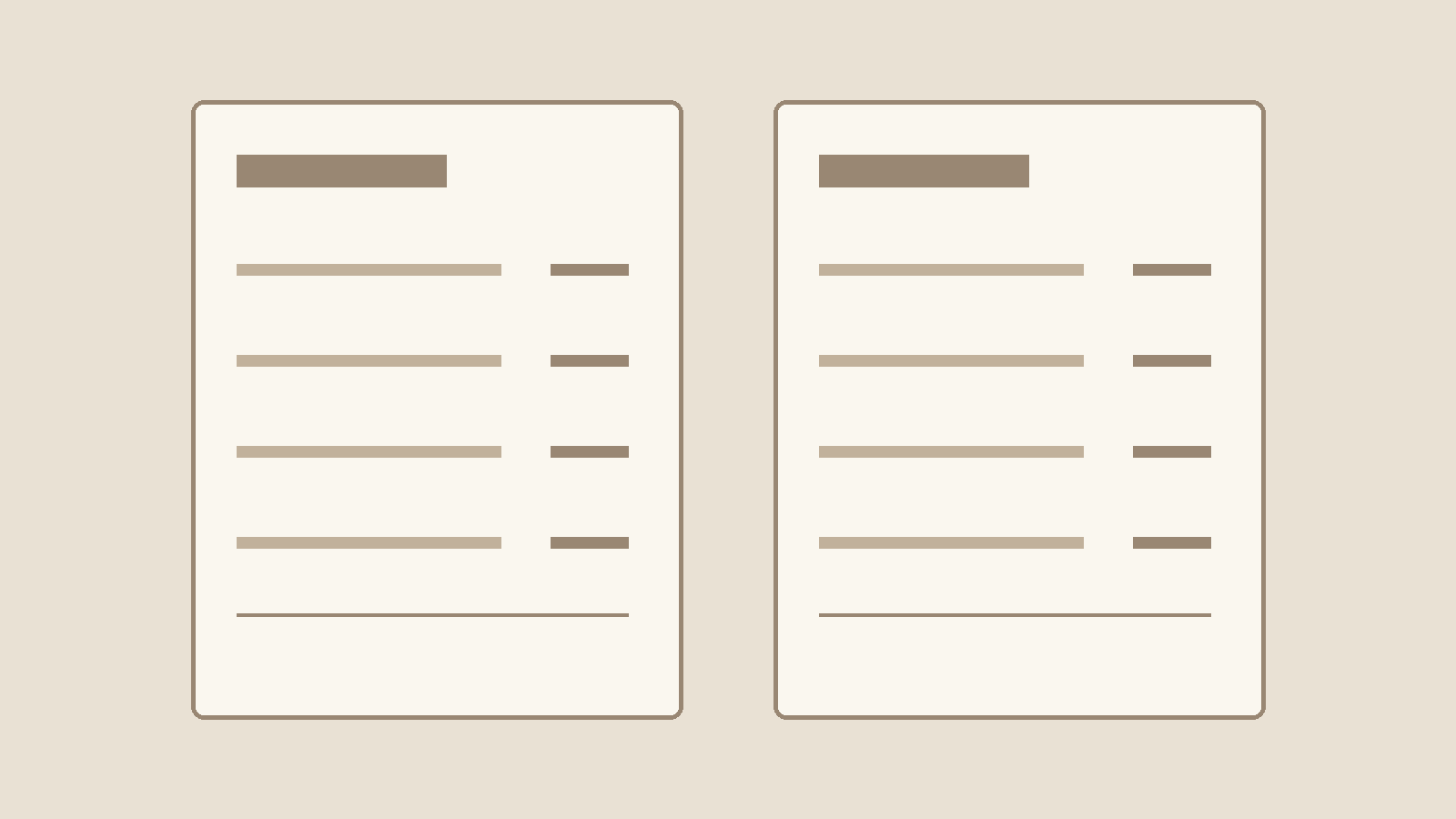 Schematic illustration of two quotation sheets for comparison, without prices or customer details
