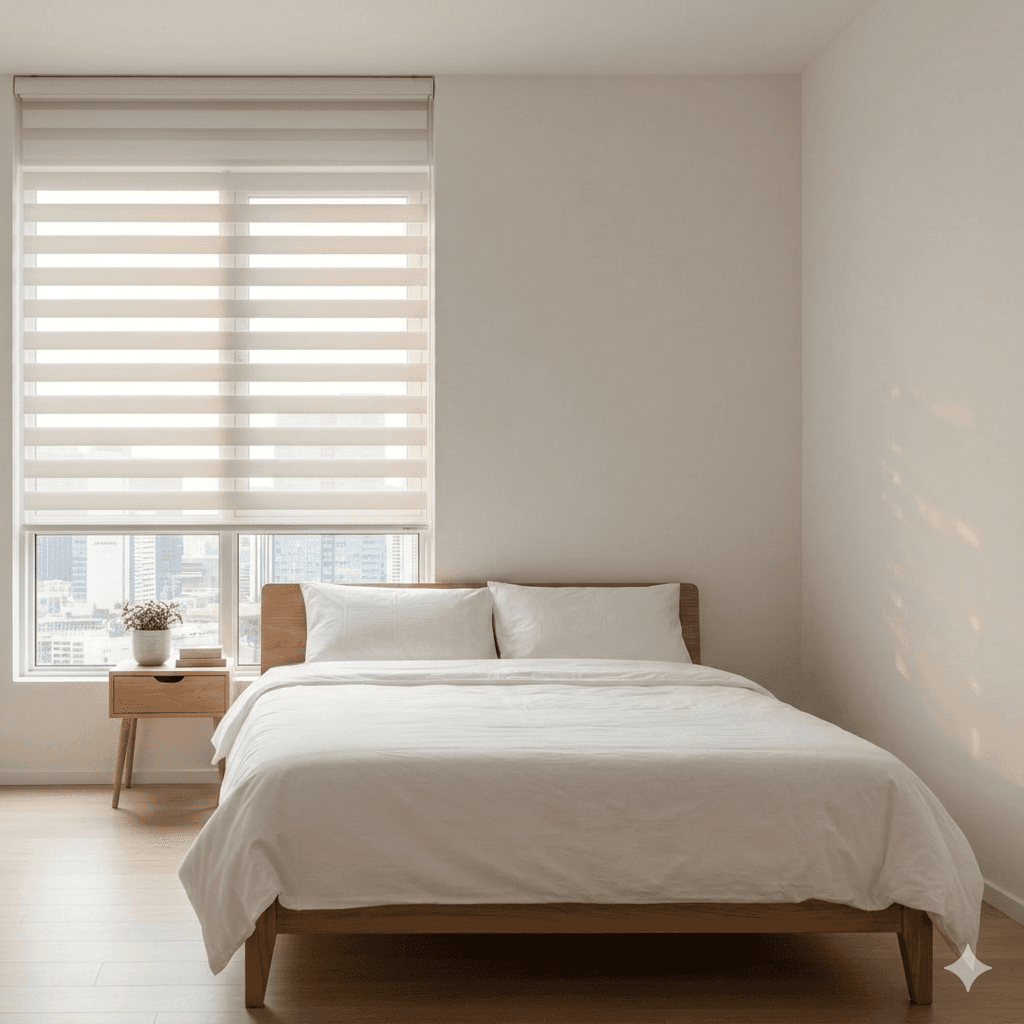 Zebra combi blinds with alternating sheer and opaque bands in a modern Singapore condo living room