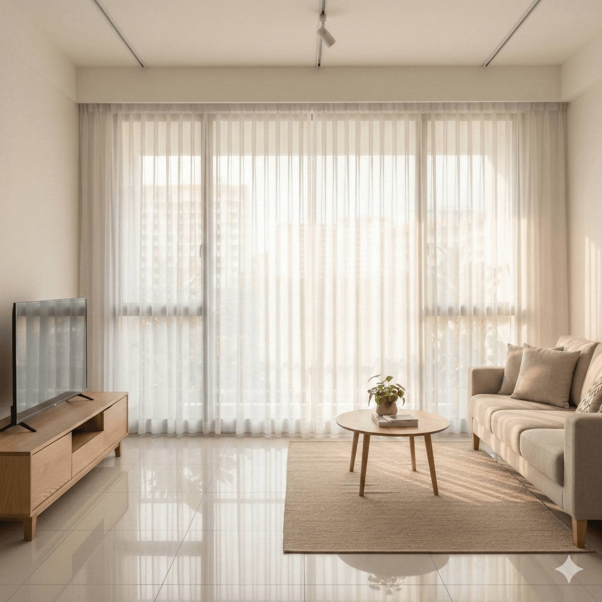 Sheer day curtains filtering soft natural light in a bright Singapore HDB living room