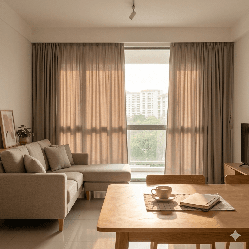 Dimout curtains softening afternoon light in a Singapore living room while maintaining a warm, bright atmosphere