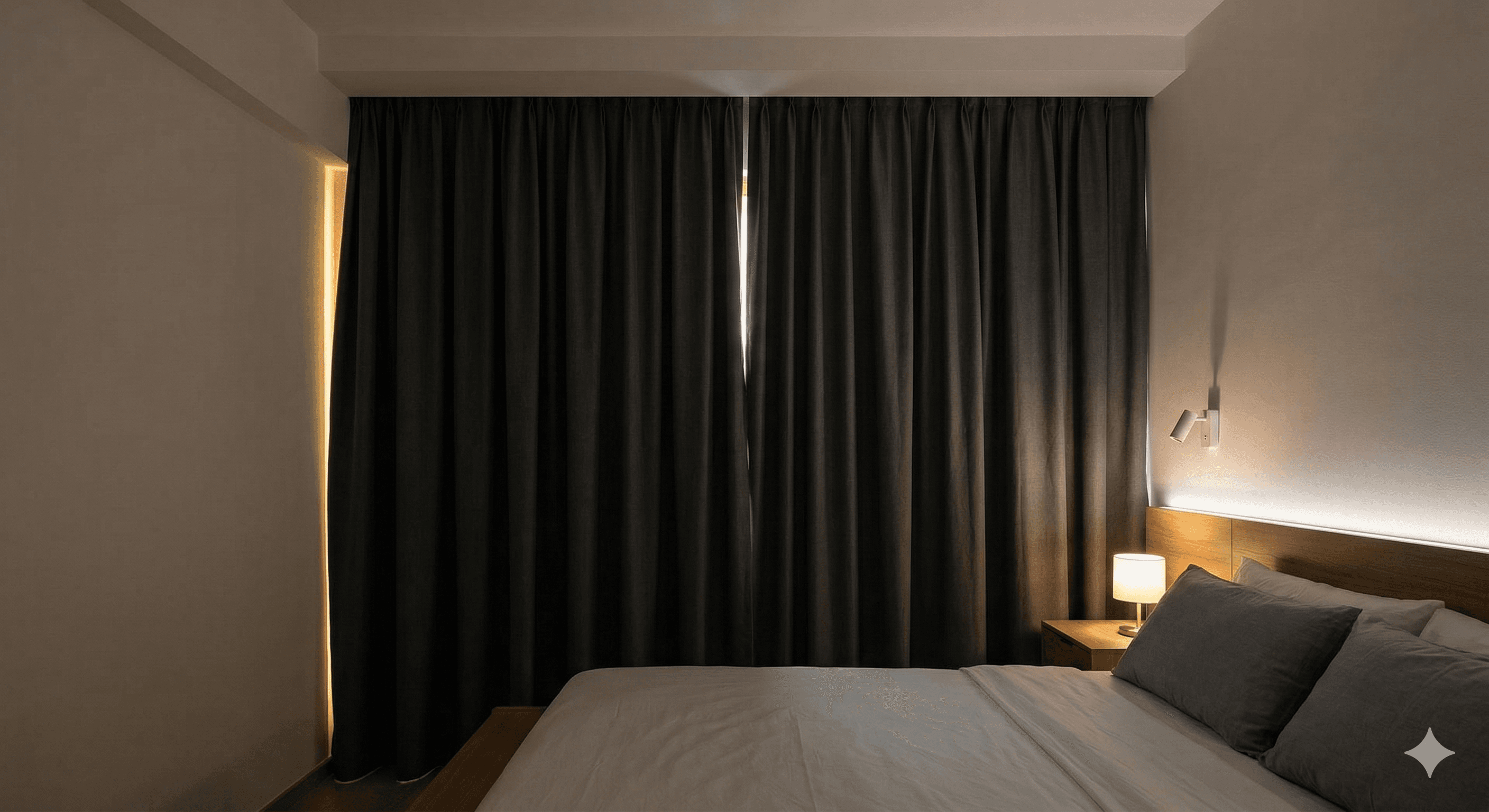 Dark bedroom with blackout night curtains blocking all exterior light for restful sleep in Singapore