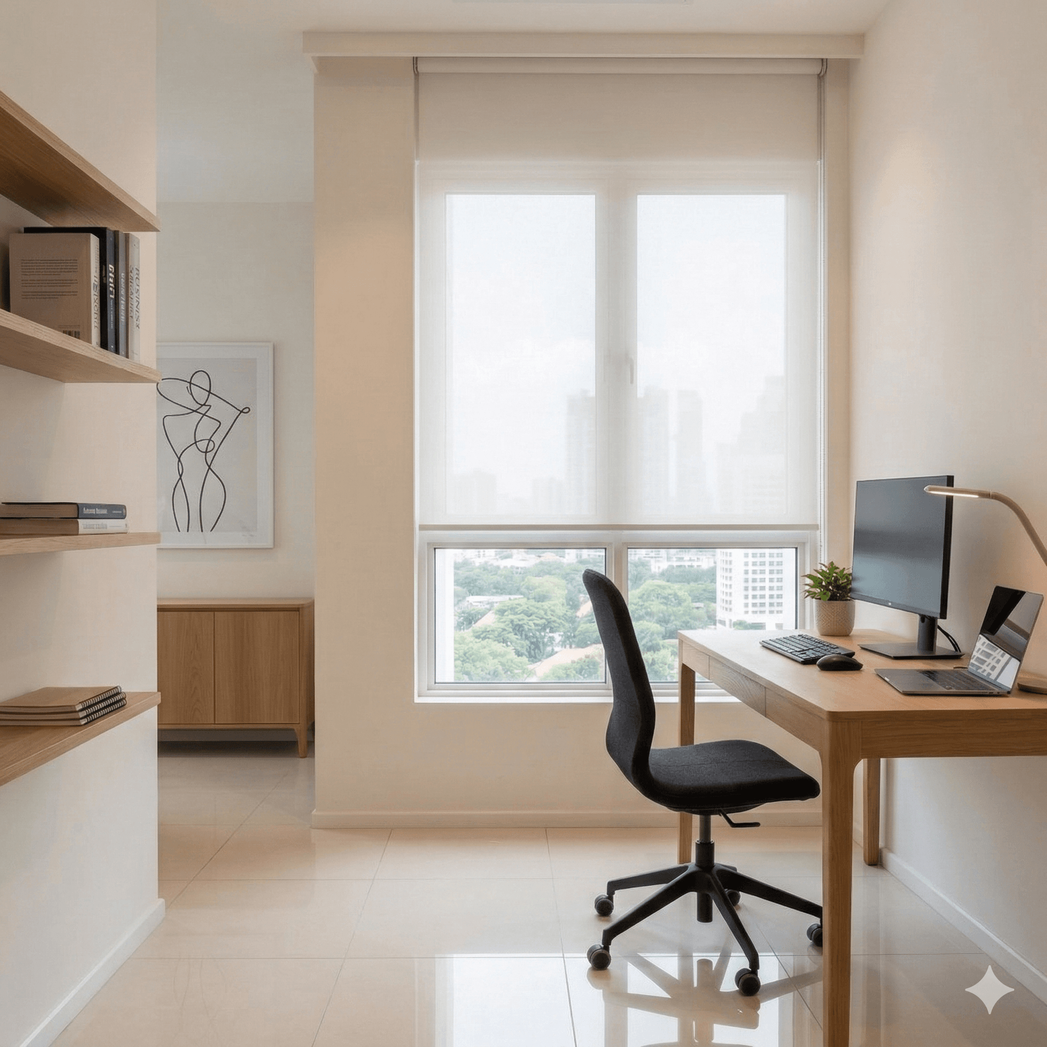 White sunscreen roller blind filtering afternoon light in a Singapore condo study with outside view preserved