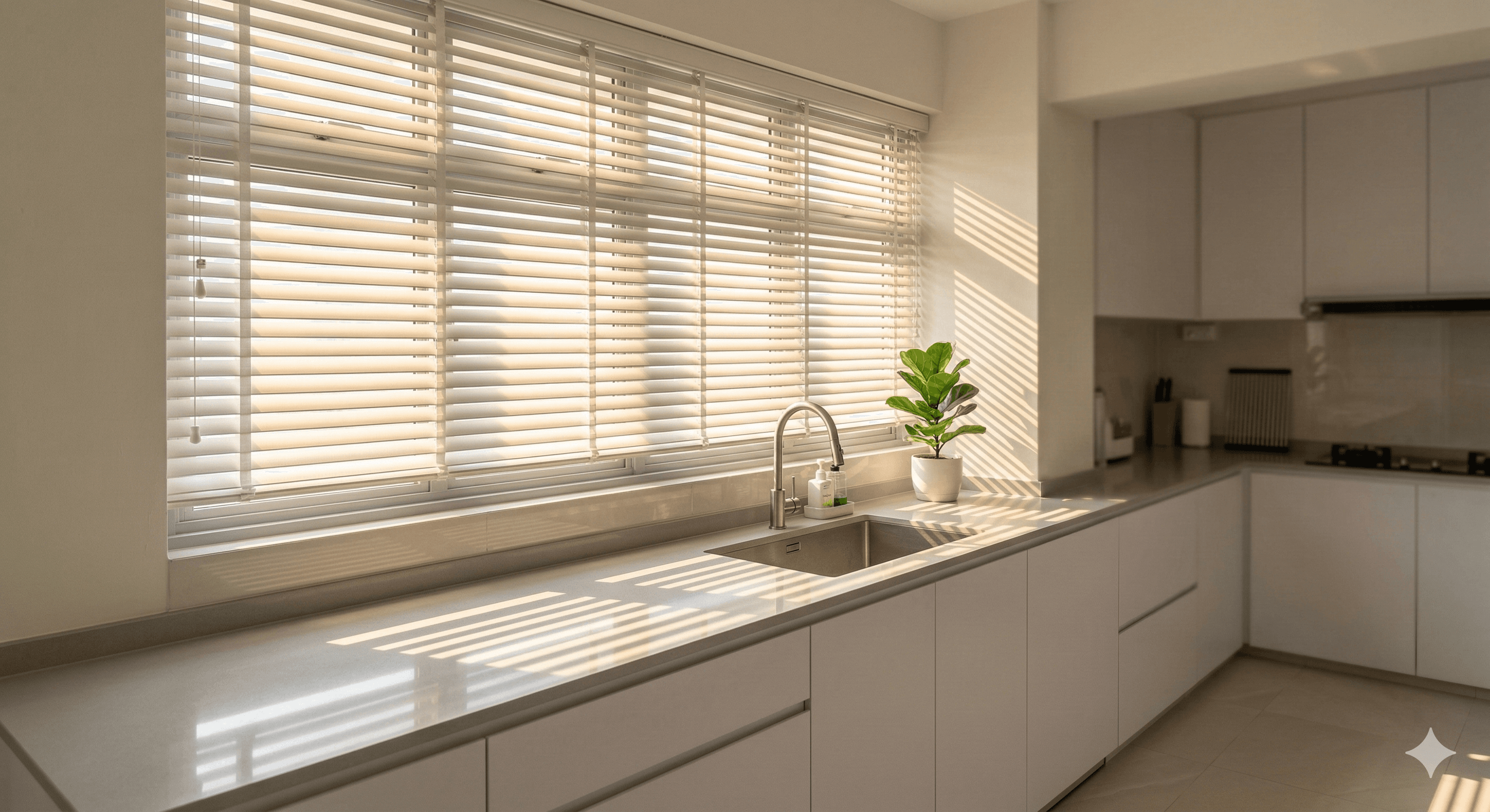 White PVC venetian blinds with angled slats controlling afternoon light in a Singapore kitchen