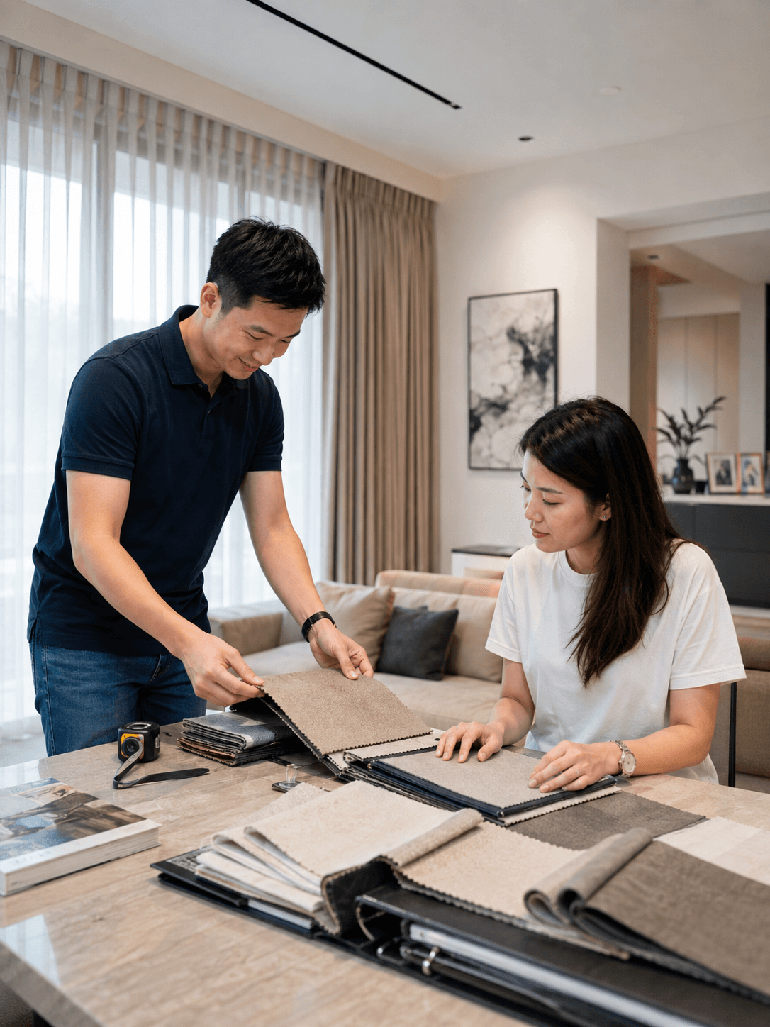 Drapeworks consultation with fabric samples at a Singapore home