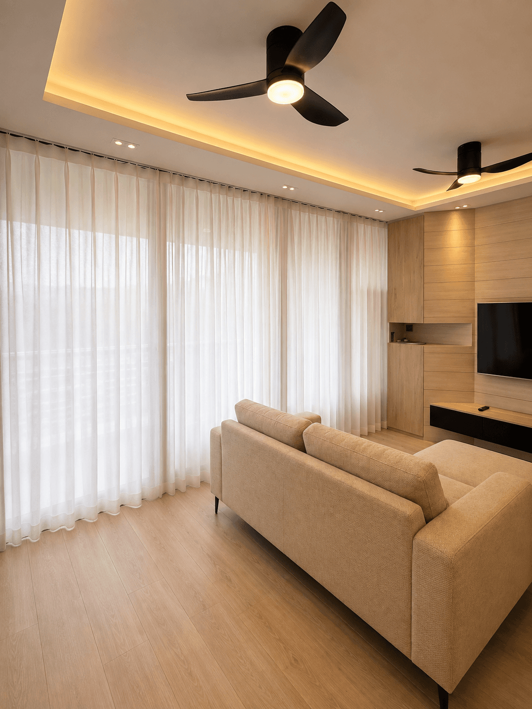 Sheer day curtains in a bright living room