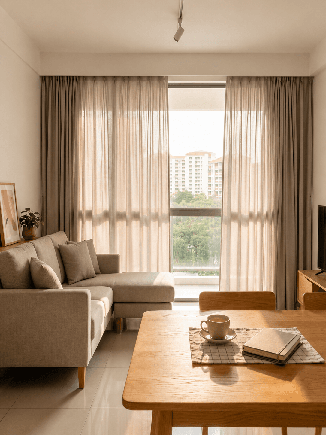Dimout curtains reducing glare in a home study