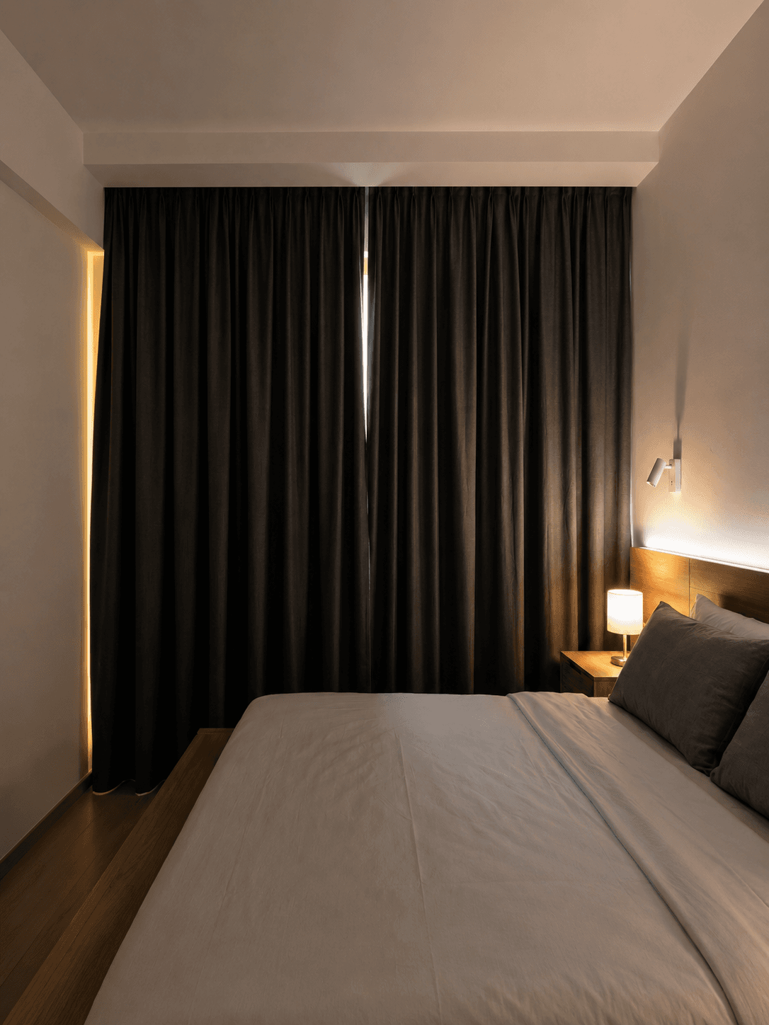 Blackout night curtains in a bedroom