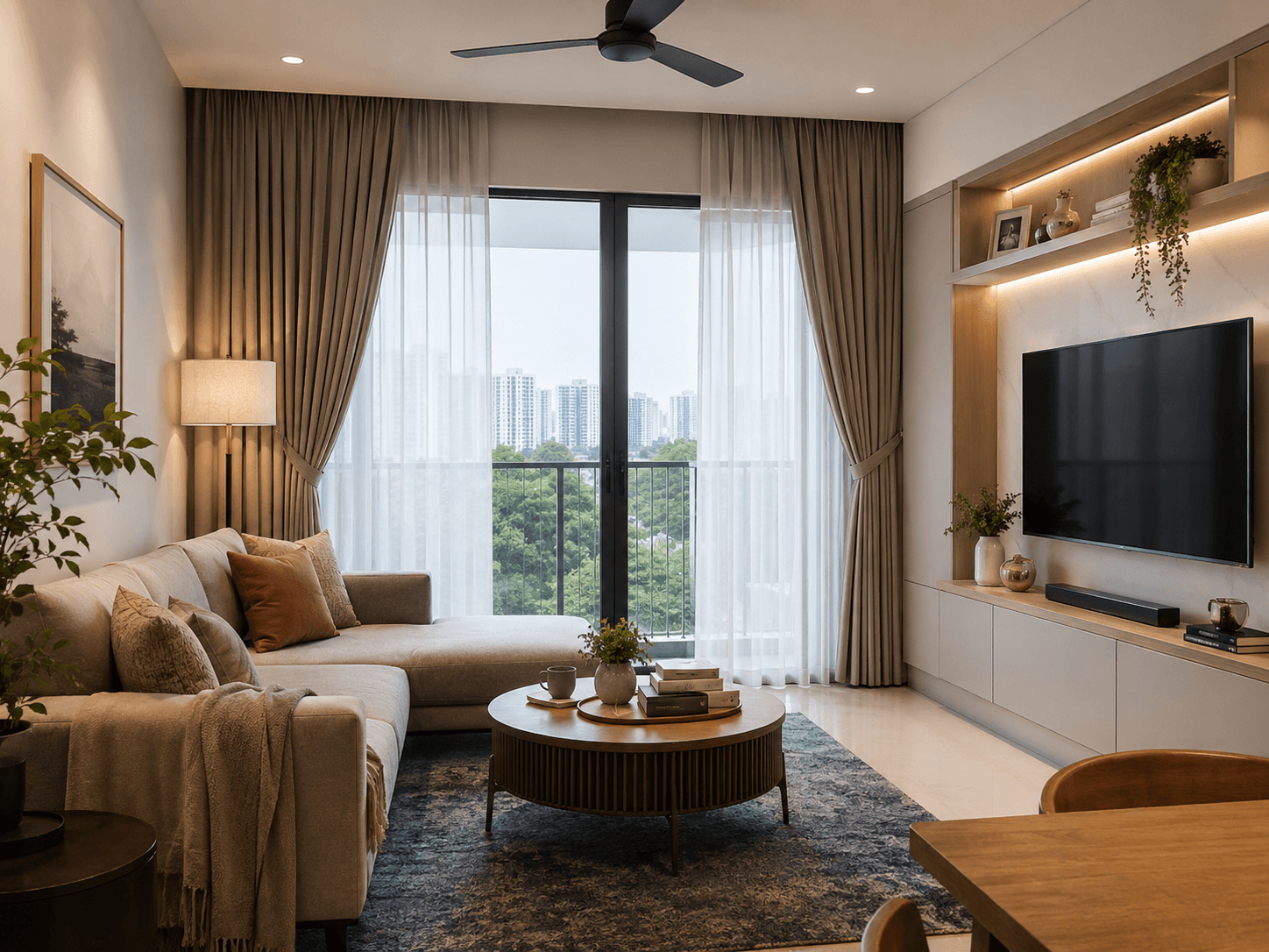 Living room curtains in a softly lit Singapore home