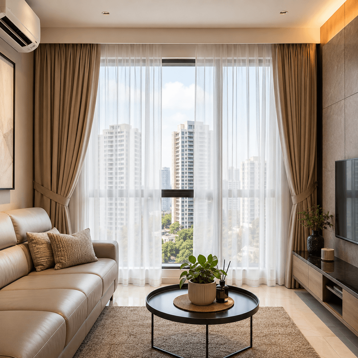 Square living area with curtains in a Singapore home