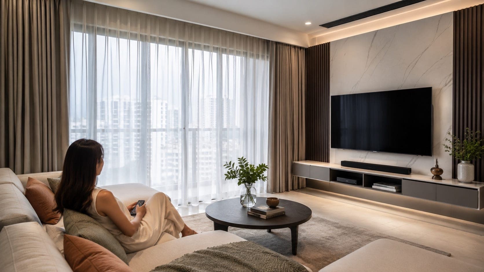 Day-and-night curtains in a Singapore condo living room — sheers drawn across the balcony window