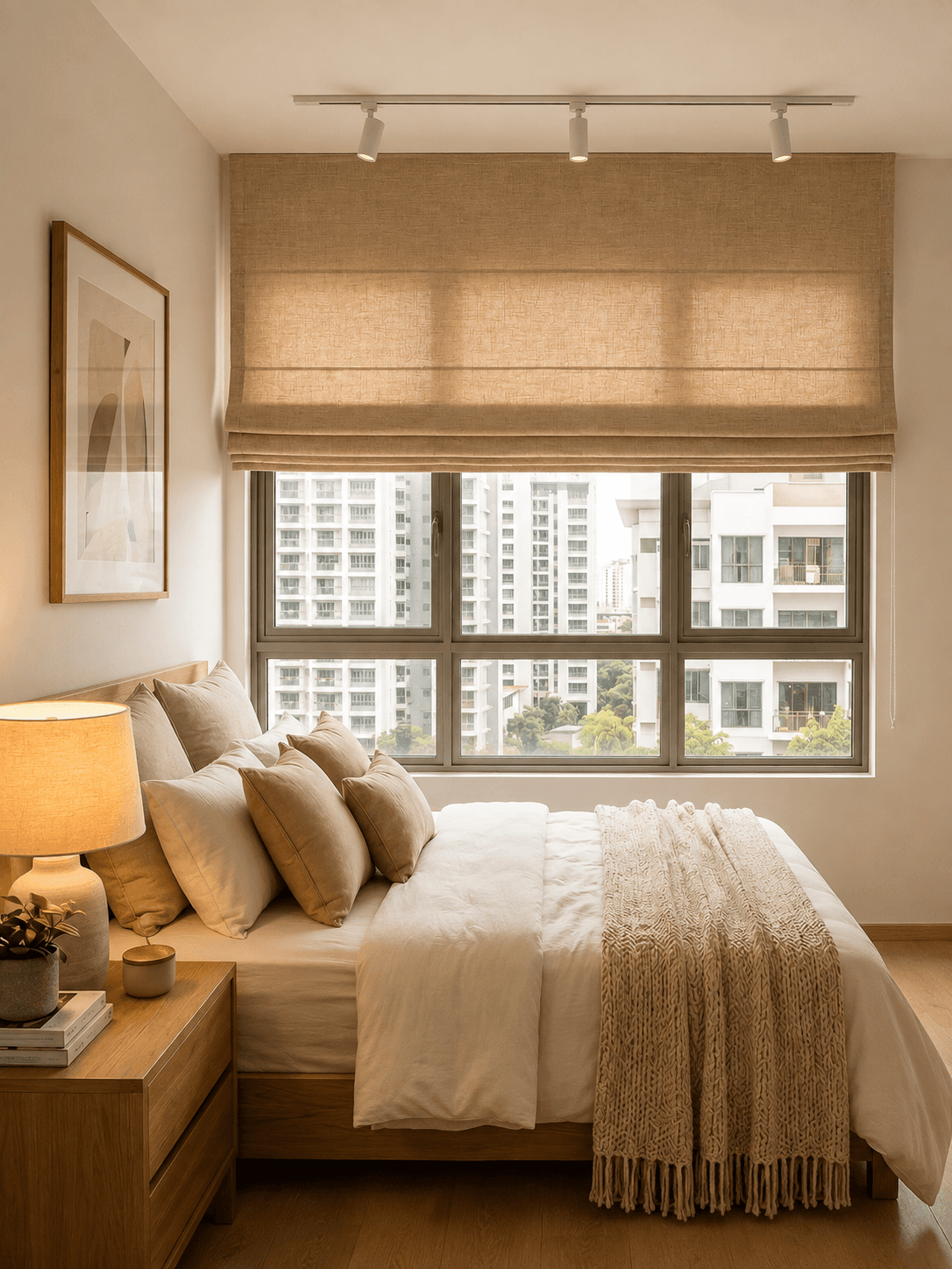 Roman blinds with soft fabric folds