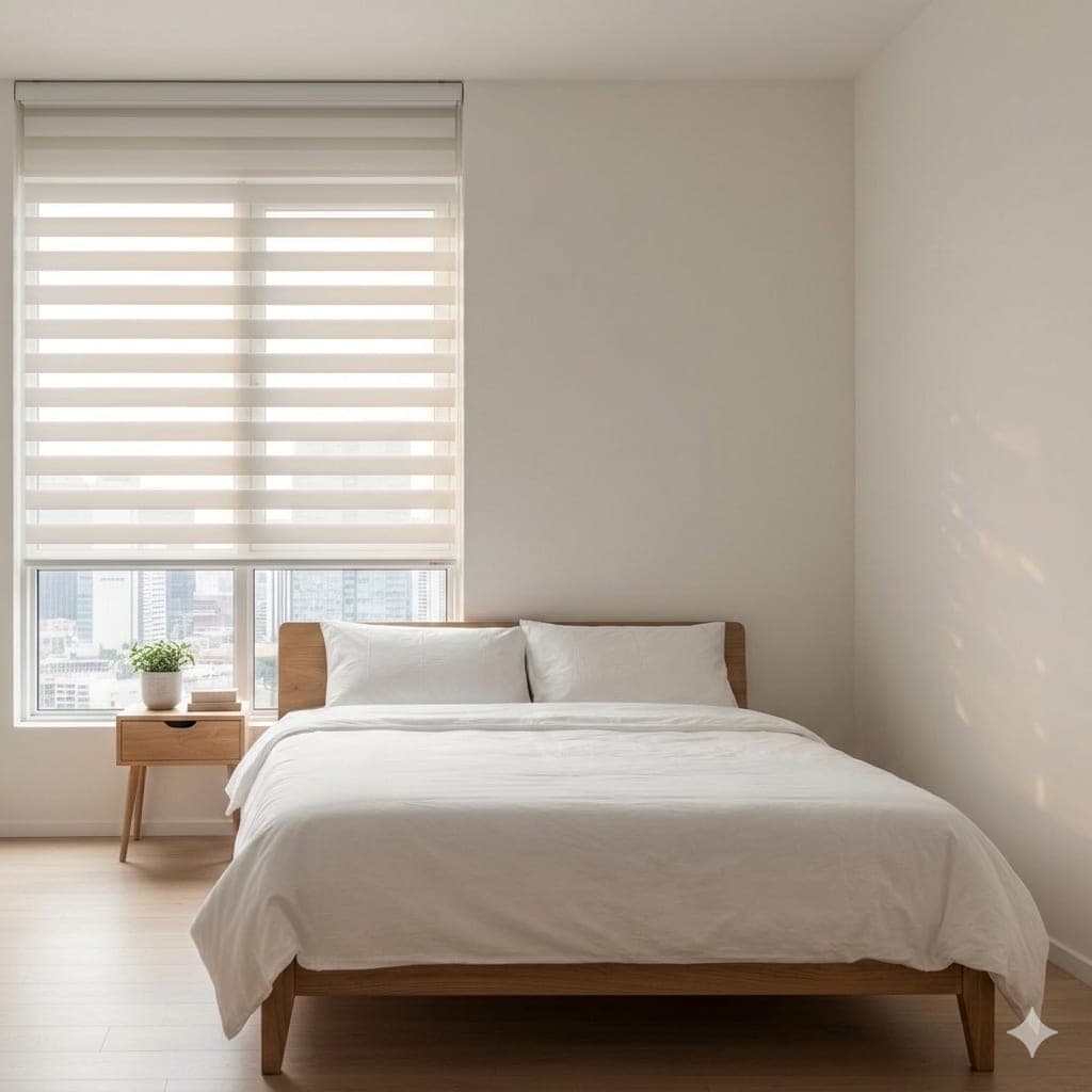 Zebra combi blinds with alternating sheer and opaque bands in a modern Singapore condo living room