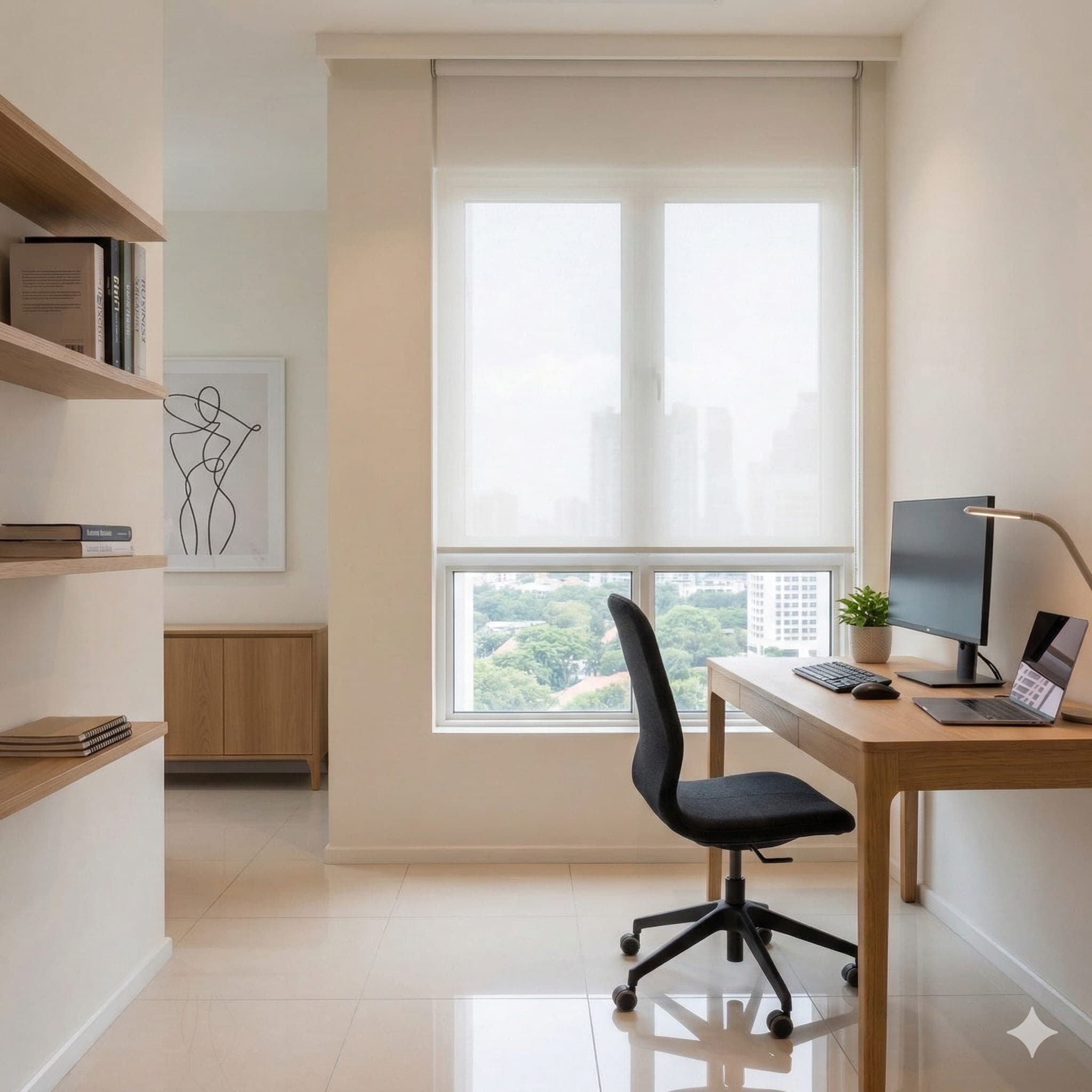 White sunscreen roller blind filtering afternoon light in a Singapore condo study with outside view preserved