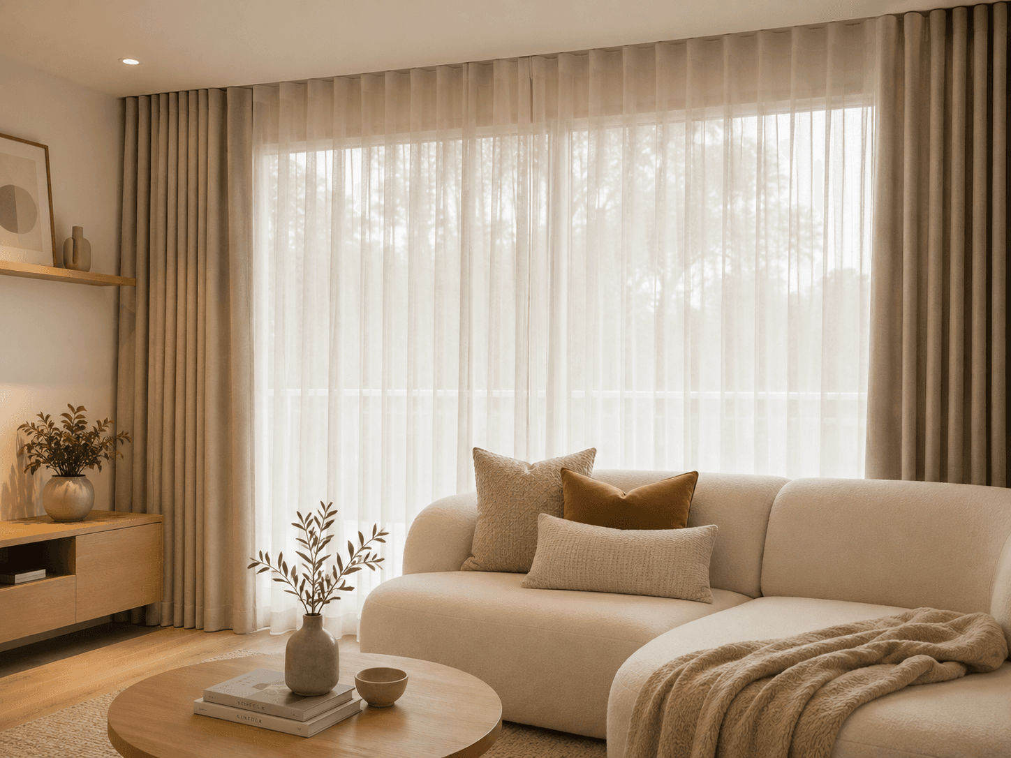 Scandinavian-style living room with soft curtains